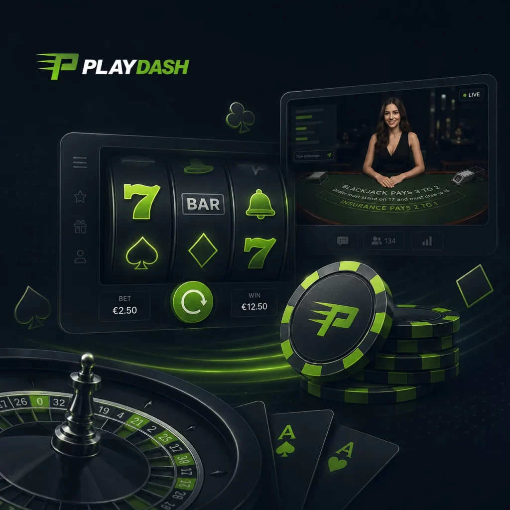 PlayDash casino games with slots, live dealer tables and gaming chips