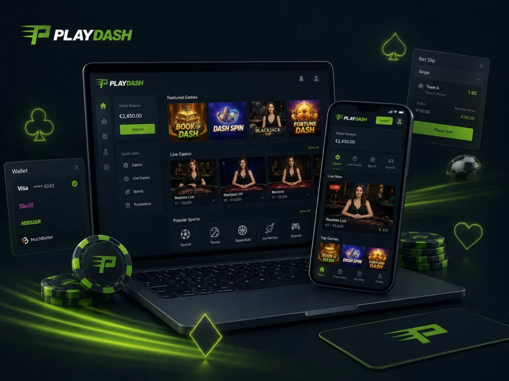 PlayDash platform dashboard with casino, sportsbook, wallet and mobile access