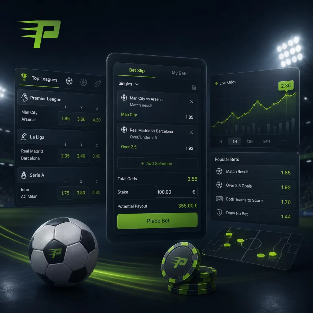 PlayDash sports betting interface with odds, bet slip and live markets